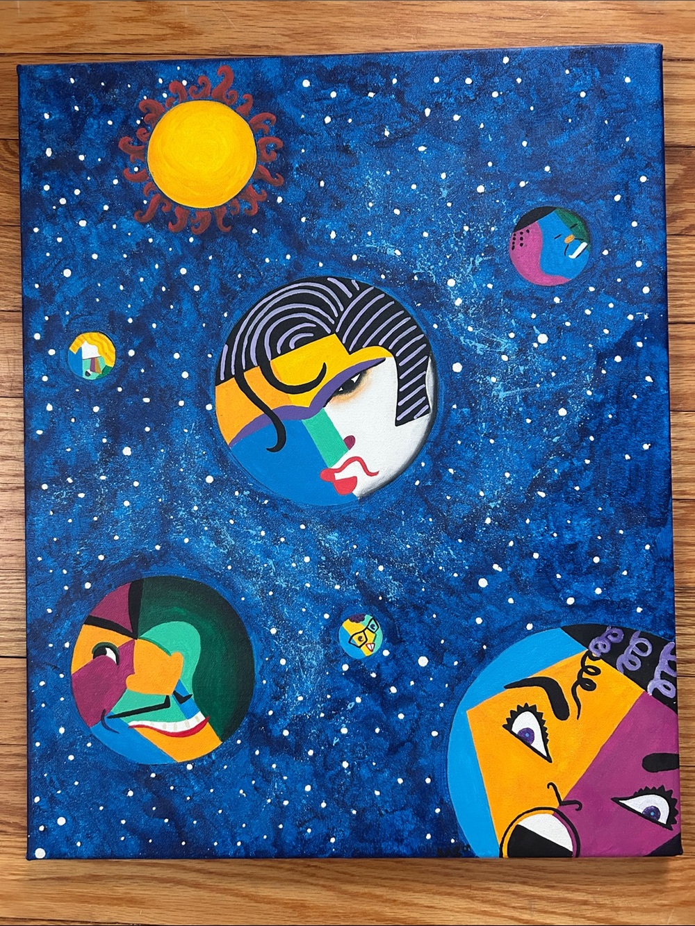 Abstract Cosmic Faces Canvas Wall Art in Blue